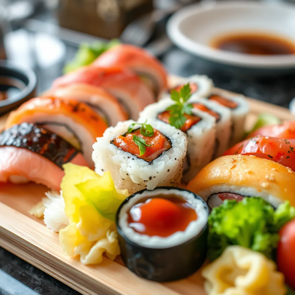 A visually stunning rainbow sushi platter, bursting with color and flavor. The platter is arranged on a white rectangular plate, with a contrasting dark wooden background that highlights the vibrant colors of the sushi. Each roll is a miniature work of art, with different colored fish, vegetables, and garnishes arranged in a captivating pattern. The lighting is strong and natural, capturing the gleam of the fish and the texture of the rice. The image should be hyperrealistic, showcasing the intricate details of each roll and the overall beauty of the platter. The camera angle is slightly diagonal, capturing the depth and dimension of the platter, showcasing the variety of flavors and textures. The overall mood should be one of excitement and vibrancy, reflecting the energy and creativity of Ganda Sushi's rainbow sushi platter.
