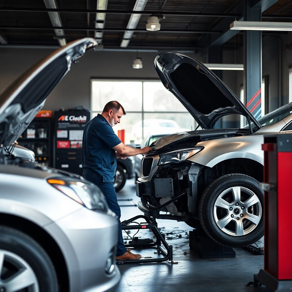 A photorealistic image of a team of three diverse auto mechanics, wearing uniforms, smiling and working collaboratively on a car engine in a clean, well-lit auto repair shop.  High-resolution, detailed image with natural lighting