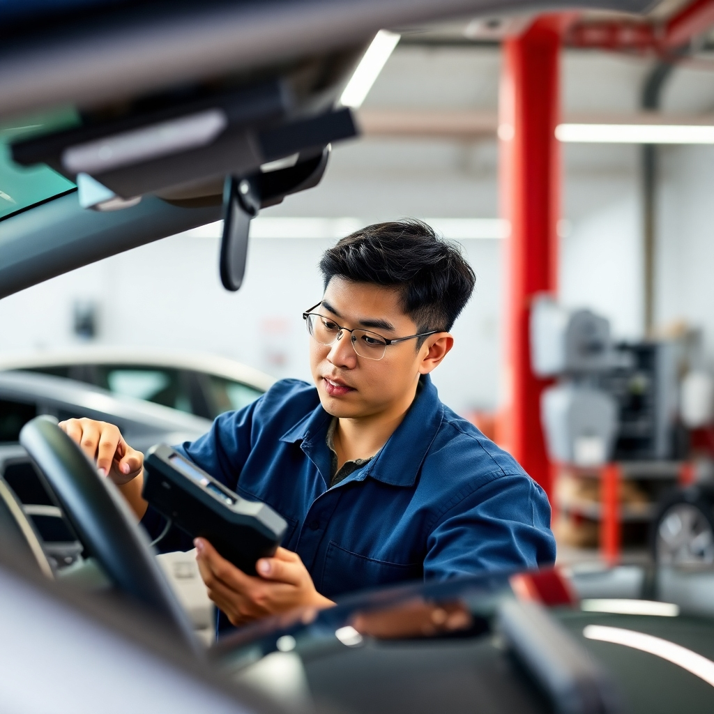 A photorealistic image showcasing various auto repair services: an oil change, tire rotation, brake repair, and engine diagnostics, all happening simultaneously within a spacious, modern auto repair shop.  Bright, clean setting with professional tools visible
