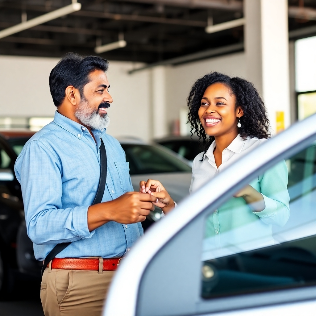 A photorealistic image depicting a happy customer interacting with a friendly mechanic in a welcoming auto repair shop.  The customer should appear satisfied, possibly receiving their car keys back. The background is a warm, inviting reception area of the shop.  Focus on genuine smiles and positive body language.