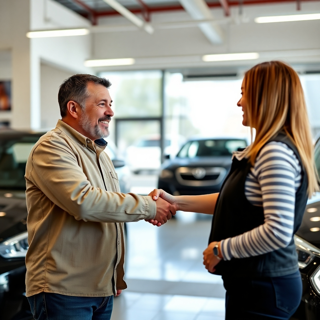 A photorealistic image of a happy customer shaking hands with a friendly auto mechanic in a modern, clean auto repair shop.  The customer is handing the mechanic a payment,  and the background displays positive customer reviews on a monitor