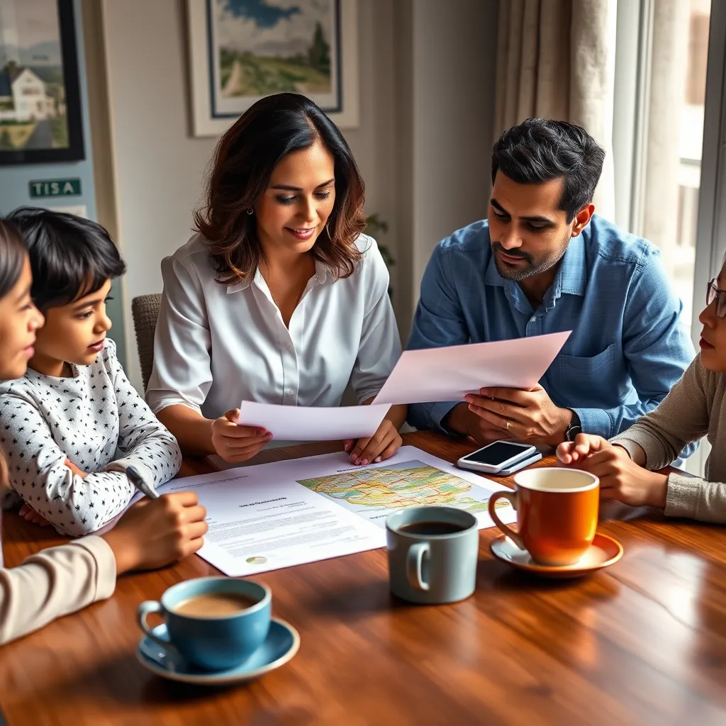 Lenise is sitting at a table with a Brazilian family. She is reviewing documents and explaining the details of a home purchase agreement. The table is filled with maps, brochures, and coffee cups, creating a sense of collaboration and trust.