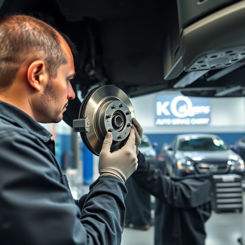 Photorealistic image, 8K resolution, hyperrealistic detail.  A mechanic at King of Queens Auto Service Corp. is meticulously inspecting brake pads on a car's lifted wheel.  The setting is a bright, clean auto repair bay with specialized tools neatly arranged. Soft, diffused lighting illuminates the scene. The color palette is a mix of cool blues and greys, emphasizing the clean atmosphere and precision of the work. The camera angle is at the mechanic’s level, capturing the intense focus on detail. The textures of the brake pads, calipers, and tools are meticulously rendered.  The mechanic wears a King of Queens Auto Service Corp uniform. The background features the auto repair shop's logo prominently displayed and other vehicles undergoing service in the distance. The style should emulate a high-end automotive magazine advertisement, clean and sophisticated.  The image should convey a sense of safety and reliability.