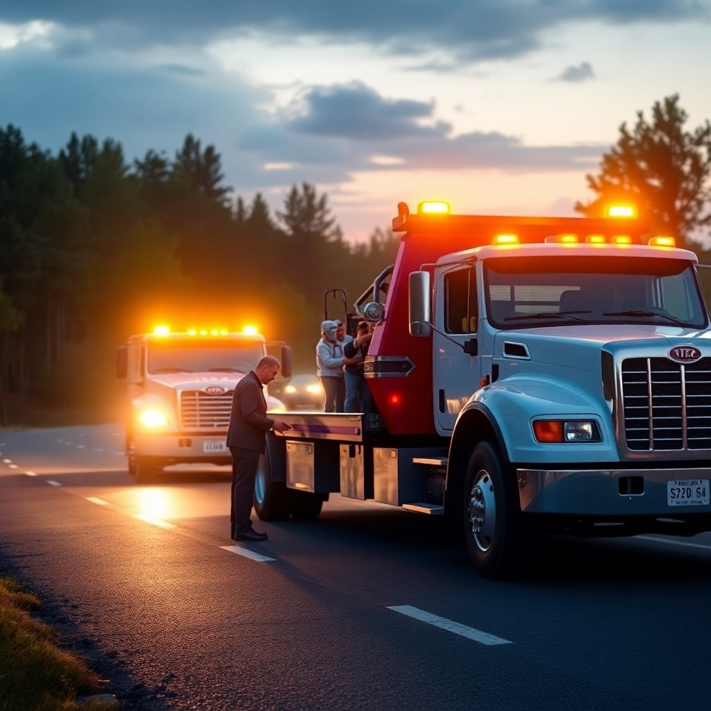 Photorealistic image of a tow truck arriving at the scene of a roadside emergency, helping someone in need of automotive assistance. The image should be warm, professional, and reassuring.