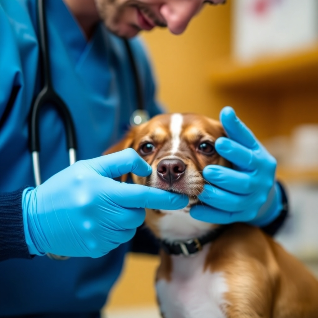 A photorealistic image of a veterinarian gently examining a dog on an examination table, with medical equipment in the background and concerned yet hopeful pet owners looking on.