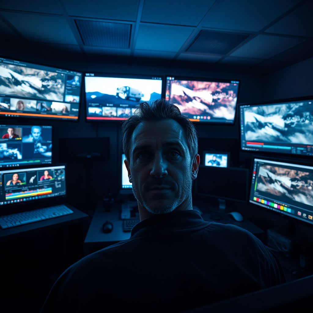 Visualize a state-of-the-art editing suite with multiple monitors displaying complex visual effects and timelines. The room should be dimly lit with a focused spotlight on the editor's face. Use a cool color palette to convey a sense of technical expertise. 4k resolution.