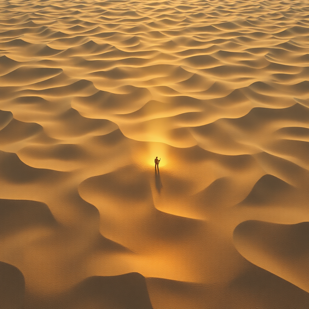 Visualize a vast, undulating sea of sand dunes transforming into a film reel. Each grain of sand represents a different story or movie. A single projector beam shines down onto a small section of the dunes, illuminating a miniature scene from a classic film. Use a sepia tone to evoke a sense of cinematic history. The scene should be viewed from a high angle, emphasizing the scale of the sand sea and the beam of light. 4k resolution.