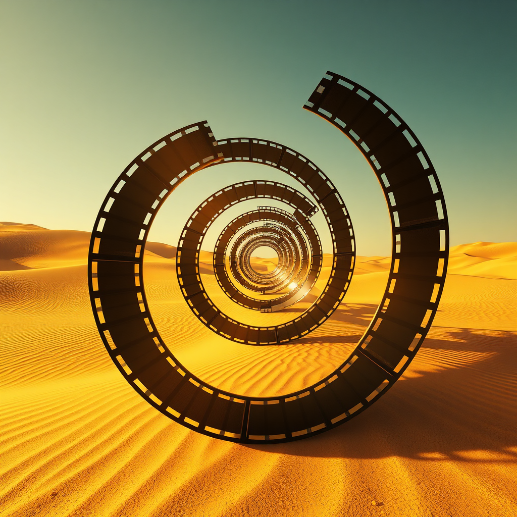Visualize an infinite loop of film reels spiraling into the horizon in a desert landscape. The reels should have a golden sheen, and the sand dunes should mirror the spiraling pattern. Use forced perspective to create the illusion of endless content. The overall style should be surreal and captivating. 4k resolution.