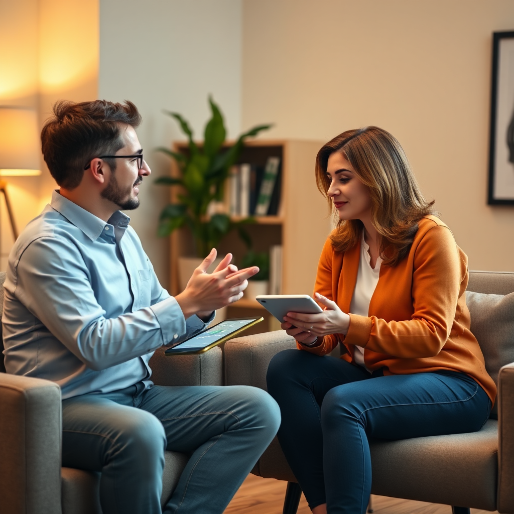 A photorealistic image depicting a one-on-one coaching session in a comfortable office setting. A mentor is providing guidance and support to a mentee, with digital interfaces showing the progress of their goals. Warm and encouraging lighting. Color palette emphasizing trust and growth. 4K resolution.