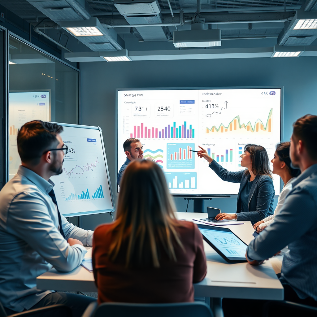 A photorealistic image of a strategic planning session with professionals analyzing data on interactive whiteboards and digital displays in a modern office environment. The lighting is bright and focused. Colors emphasize analytical thinking and innovative solutions. Focus on teamwork and data-driven insights. 4K resolution.