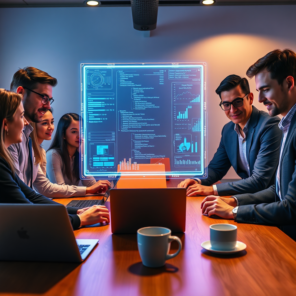 A photorealistic, ultra-high quality header image for 'DE - Beyond Strengths'. The scene depicts a diverse group of professionals collaborating around a holographic projection of a complex digital interface, showcasing data visualizations and code snippets. The lighting is warm and inviting, emanating from the holographic display and reflecting on their faces. The color palette emphasizes blues, purples, and oranges, creating a futuristic yet approachable atmosphere. The camera angle is slightly low, emphasizing the scale and ambition of the project. Texture details include the subtle grain of the wooden table, the crispness of the holographic projection, and the focused expressions of the team members. The environment is a modern, minimalist office space. Props include laptops, tablets, and stylized coffee cups. Style reference: A blend of modern technology and collaborative energy, inspired by sleek technology advertisements and high-end business photography. Technical specs: 8K resolution, hyperrealistic detail.