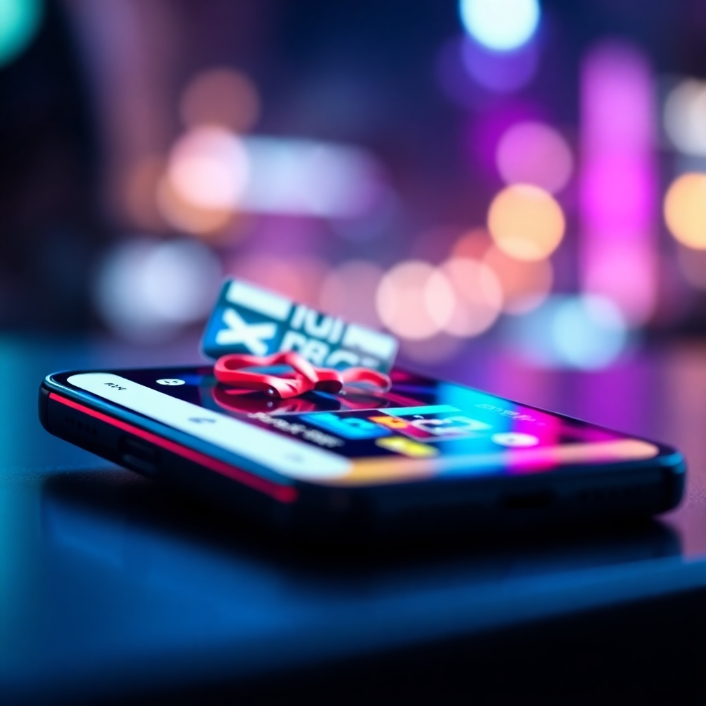 A photorealistic close-up shot of a smartphone displaying a vibrant, engaging social media post with high-quality graphics and video content related to a youth-focused brand. The background should be subtly blurred, highlighting the phone screen. Emphasize the high-resolution and modern aesthetic, with a focus on bold colours and dynamic design. The overall look and feel should be sleek, current, and attention-grabbing.