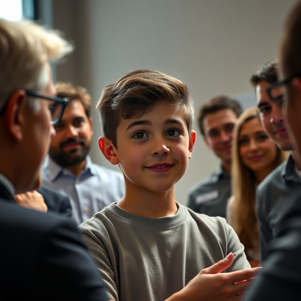 A photorealistic close-up shot of a teenager confidently presenting a marketing campaign pitch to a group of impressed adults; warm lighting, conveying trust and authenticity; focus on the teenager's genuine expression and passion; professional yet approachable setting.