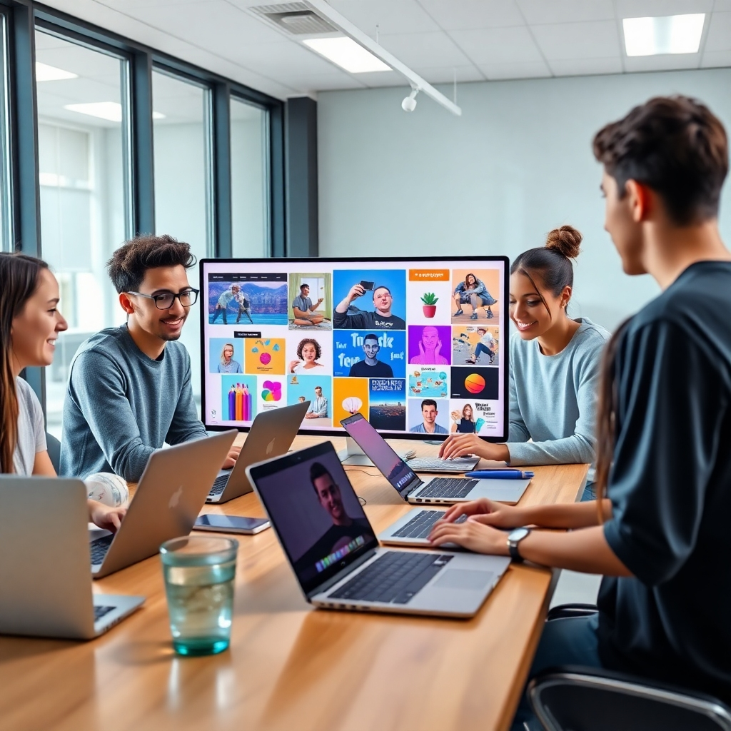 A photorealistic image of a diverse group of teenagers collaborating around a table, laptops open, showcasing vibrant marketing campaign ideas on mood boards; bright, modern office setting; focus on teamwork and creativity; use of bold colors and trendy elements; high resolution, detailed.