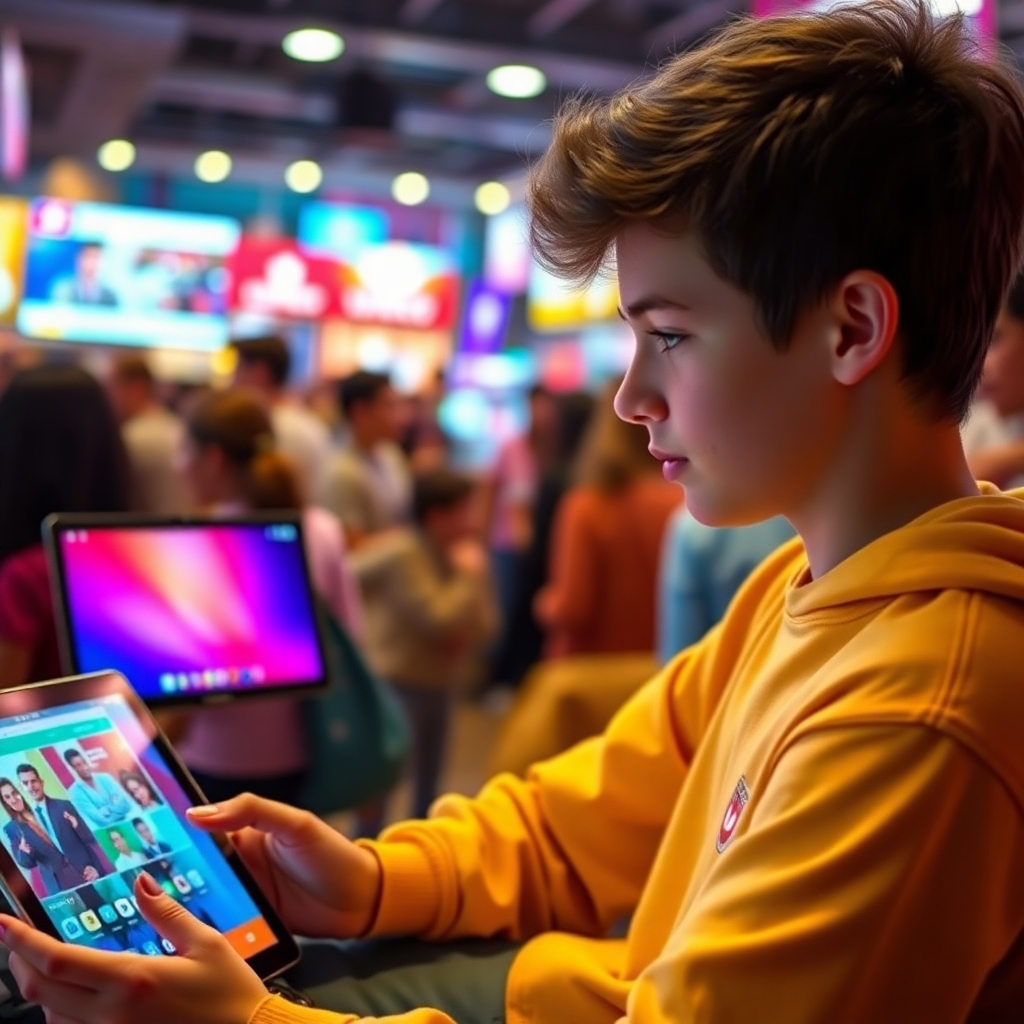 A photorealistic image showcasing a teenager skillfully managing various social media platforms on multiple devices; vibrant, engaging content is visible on each screen; a bustling, youthful background; conveying efficiency and impactful strategies within a limited budget.
