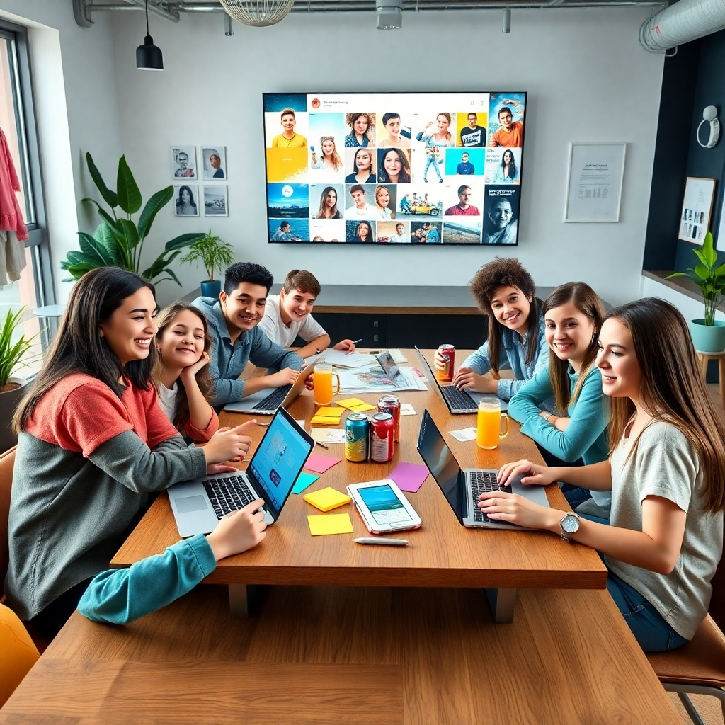 A photorealistic, ultra-high-resolution (8K) image depicting a diverse group of enthusiastic teenagers, aged 15-18, collaborating around a table in a modern, brightly lit co-working space. Soft, diffused lighting enhances the scene. The color palette is vibrant and energetic, with pops of bright teal, coral, and sunshine yellow. The teenagers are actively engaged, some on laptops, others on tablets and smartphones, showcasing various social media platforms. The table is cluttered with colorful sticky notes, design sketches, and energy drinks. A large screen displays engaging social media content. The camera angle is slightly elevated, capturing the group dynamically. The image should have a positive and youthful energy, capturing the collaborative spirit. Textures include the smooth surfaces of the tech devices, rough texture of the paper and wood, and soft textures of clothing. The style should emulate the bright, modern aesthetic of a successful tech startup. Background details include plants, modern furniture, and inspirational wall art. The overall mood is one of collaborative creativity and excitement. The image should feature hyperrealistic details; each teen should be distinctly visible with realistic expressions and clothing. The image should have an overall feeling of fun and youthful energy, capturing the excitement of creative marketing efforts. The image should be in the style of Annie Leibovitz, known for her iconic portraits and capturing emotion.