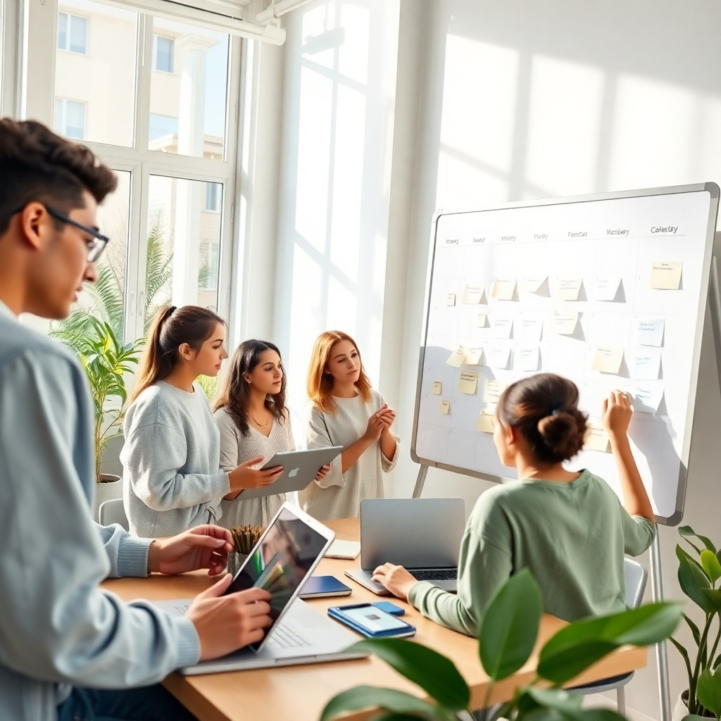An ultra-high definition (8K) photorealistic image showcasing a group of diverse teens, aged 16-18, collaborating on a content calendar in a bright, airy studio. Natural light streams in from large windows, creating a warm and inviting atmosphere. The color palette is a calming mix of pastel blues, greens, and creams, evoking a feeling of creativity and serenity. The image is composed from a slightly high-angle perspective, giving a sense of oversight and planning. The teens are actively engaged, looking at laptops, sharing ideas, and using sticky notes on a large whiteboard filled with a well-organized content calendar. The texture is varied, including the smoothness of the laptops, the slightly grainy texture of the whiteboard, and the soft fabrics of the clothing. The environment includes a clean and organized workspace with plants adding a touch of nature. The style should emulate the simplicity and elegance of contemporary lifestyle photography. The props include laptops, tablets, smartphones, notebooks, pens, sticky notes, and a whiteboard. The image should be hyperrealistic, with every detail clearly visible and rendered with extreme precision, including individual strands of hair and the textures of the clothing. The image should have a professional atmosphere, yet capture the youthfulness and energy of a talented team. The overall mood is one of productive collaboration and creative inspiration. The focus should be on the team's synergy and the process of content planning and execution.