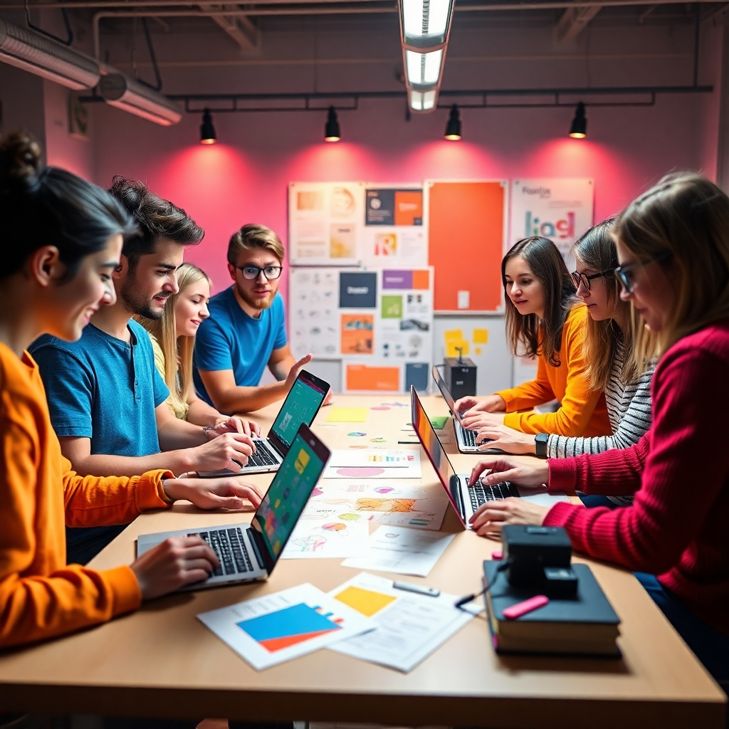 Photorealistic image of a diverse group of teenagers, aged 13-19, collaborating around a table in a modern, brightly lit studio. They are working on laptops and tablets, surrounded by colourful branding mockups, mood boards, and sketches. The overall mood should be energetic, creative and collaborative. High-resolution, vibrant colours, shallow depth of field.
