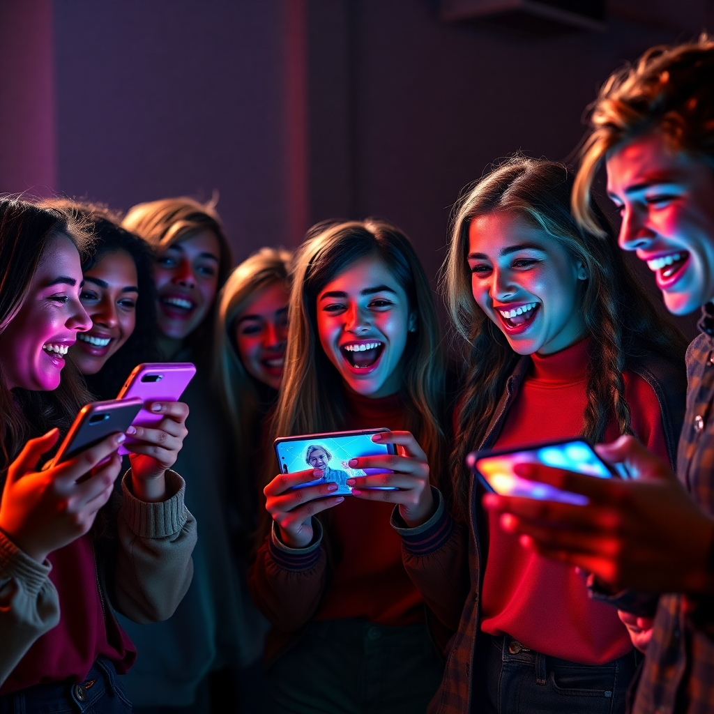 Photorealistic image of a group of teens excitedly reacting to a short, creative video playing on multiple smartphones and tablets. The video features bright colors, dynamic visuals, and trending music. The teens are diverse, stylish, and genuinely engaged. High resolution, 8k, vibrant colors, dynamic lighting.