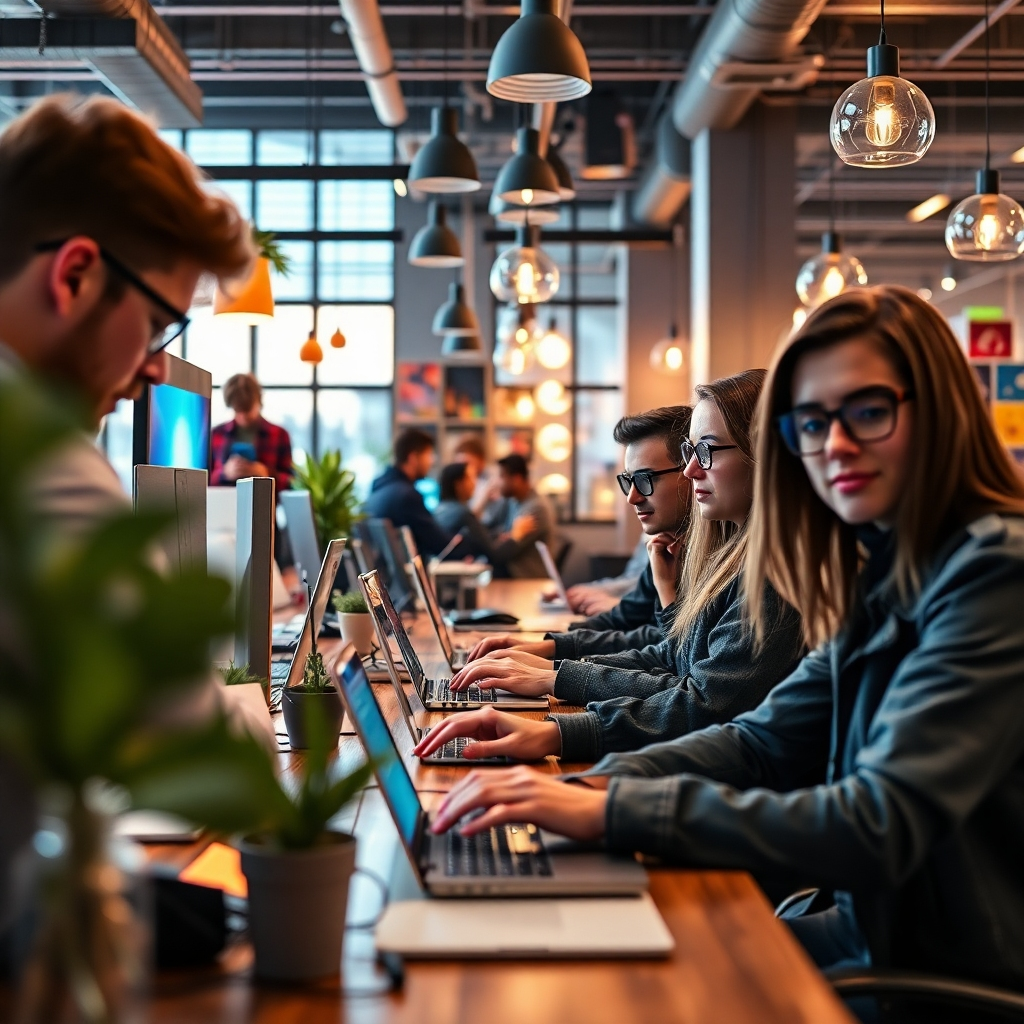 Photorealistic image of a stylish, modern co-working space filled with young people using digital tools, surrounded by trendy design elements and technology. Capture a vibrant, energetic atmosphere, conveying a sense of forward-thinking and innovation. The image should incorporate elements of current youth trends in fashion, art, and technology. High resolution, sharp details, excellent lighting and shallow depth of field.