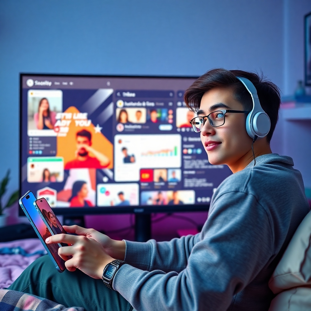 Photorealistic image of a teen influencer using multiple social media platforms simultaneously on a large monitor.  The interface shows dynamic content, engagement, and analytics. The teen has a confident expression, surrounded by stylish tech gadgets in a vibrant, modern bedroom.  High resolution, 8k, cinematic lighting.