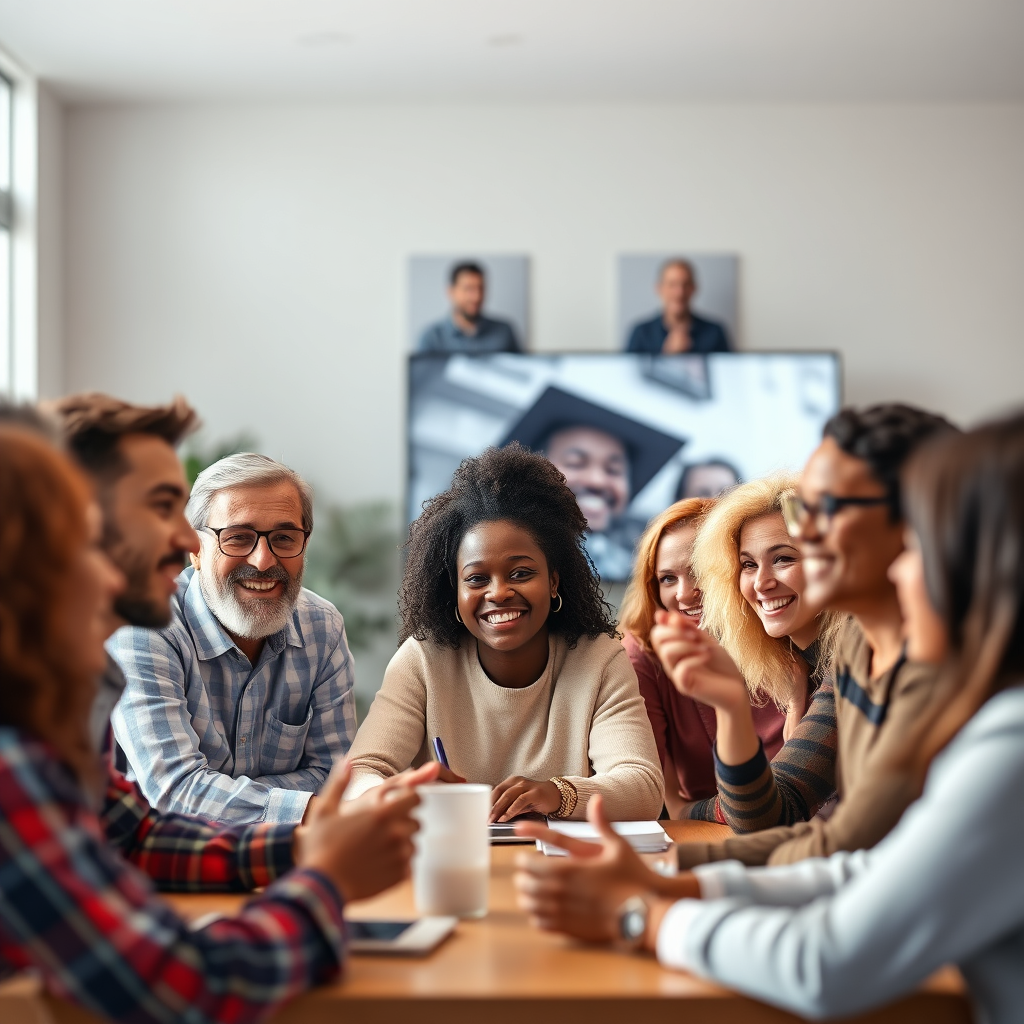 A photorealistic image of diverse people interacting positively in an online forum. The lighting should be bright and welcoming. Technical specs: 8K resolution, hyperrealistic rendering.
