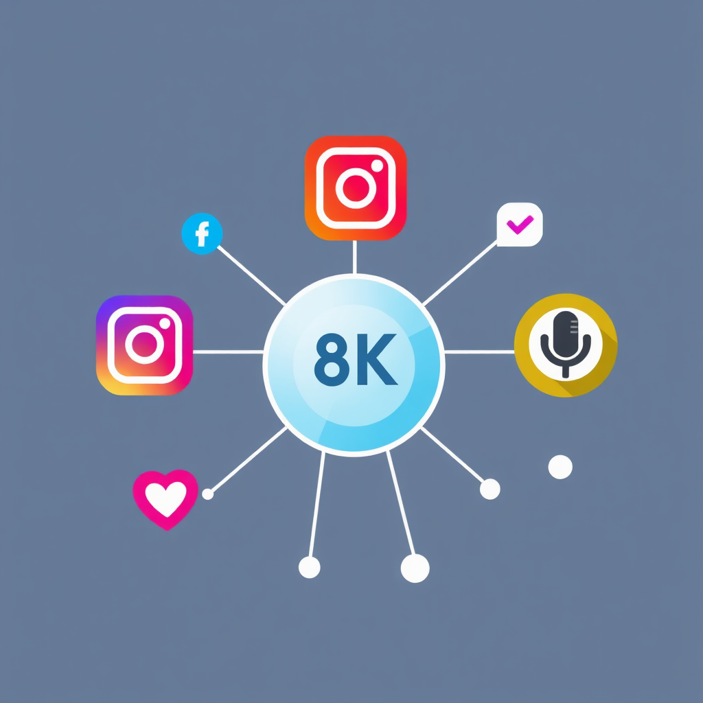 A stylized image displaying various social media icons (Instagram, Blog, Podcast) connected to a central hub, symbolizing connectivity and community. The style reference is a modern graphic design. Technical specs: 8K resolution, high-definition detail.
