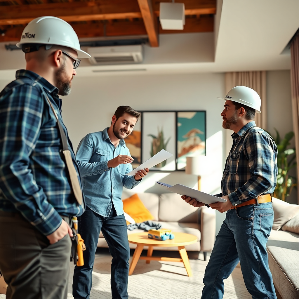 A close-up image of property management professionals conducting an inspection inside an apartment. The setting is brightly lit with a modern interior design. The composition includes maintenance workers discussing issues observed, with textures highlighting furnishings and maintenance tools in the scene. Color palettes reflect warm and inviting tones. Style references are property management inspection photography. Technical specs: 4K resolution.