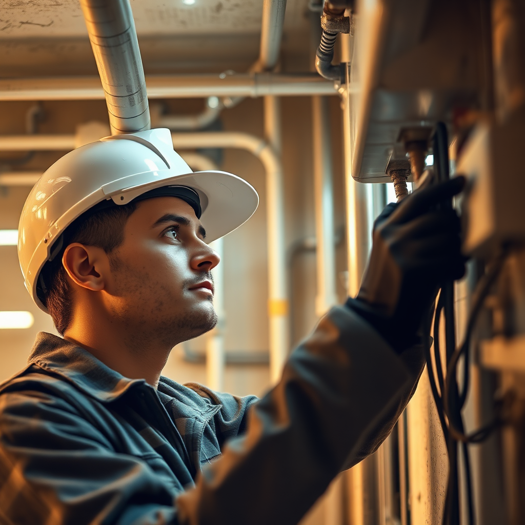 A detailed image depicting a technician inspecting a building's plumbing and electrical systems. The setting is well-lit with a balance of artificial and natural light. Warm colors emphasize a hands-on approach, with textures highlighting tools and equipment. The image focuses closely on the technician's focused expression, showcasing dedication and expertise. Style references are technical inspection photography. Technical specs: 4K resolution.