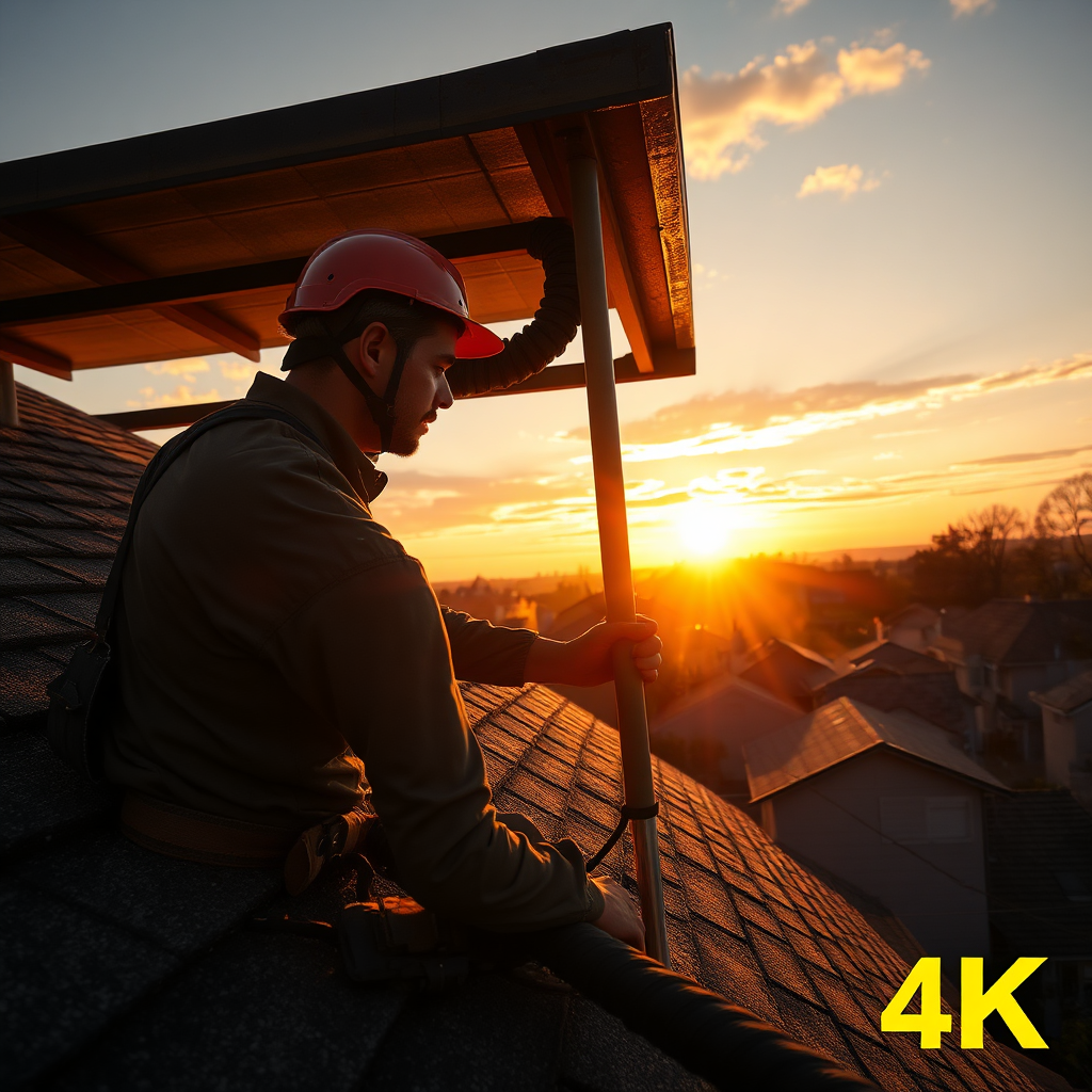 A photorealistic image of a repair technician fixing a roof, with the sun setting in the background. The photo captures the height of the building and uses a warm color palette. Shadows create depth, and detailed textures of the roofing materials are evident. The angle showcases both the scope of work and the surrounding neighborhood, emphasizing the technician's commitment. Style references are outdoor working conditions photography. Technical specs: 4K resolution.
