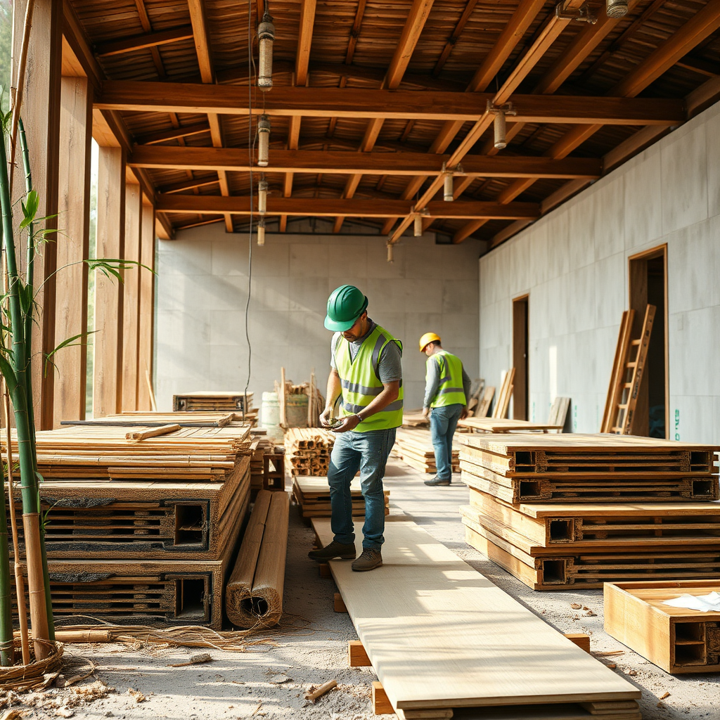 A vibrant image of eco-friendly construction materials being used on site, with workers in green vests actively engaged. The setting is enhanced by natural light, creating a connection to the environment. Earthy color palettes signify sustainability, with textures showcasing bamboo and recycled materials. Style references include green construction photography. Technical specs: 4K resolution.
