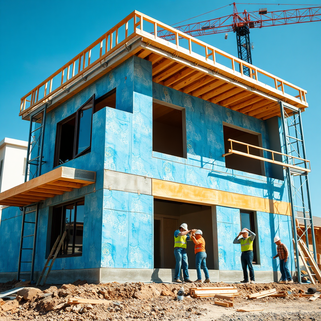 A visually appealing image showcasing a newly constructed building in the foreground, with a construction team adding finishing touches. The setting is bright and captures the energetic atmosphere of the site. The color palette consists of vibrant blues and earthy hues. Textures from the building materials are emphasized, showcasing quality work. Style references include professional construction site photography.