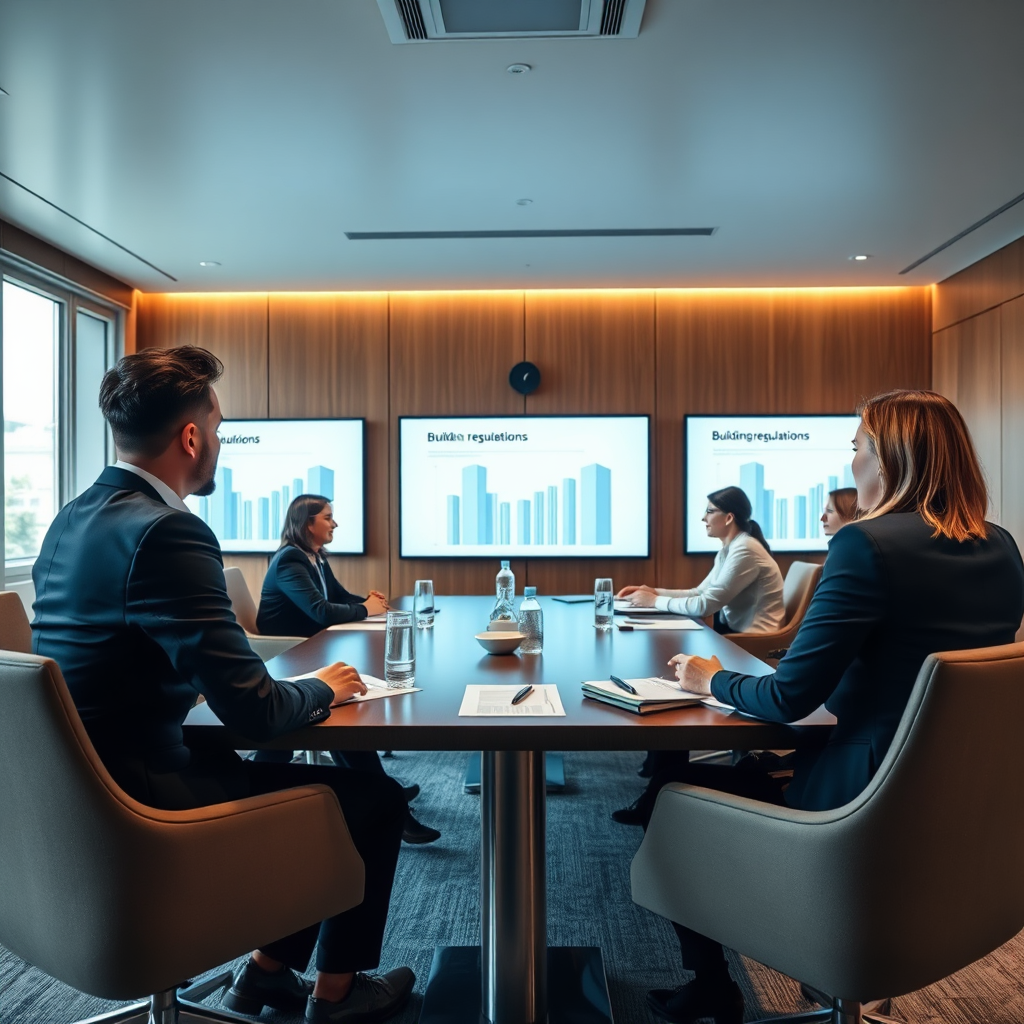 An engaging image of a group of professionals in a boardroom engaged in a discussion over building regulations. The composition suggests a collaborative atmosphere with papers and digital screens in the foreground. The color palette consists of cool tones with sleek furnishings that depict professionalism. Soft lighting creates an inviting environment. Style references include corporate meeting photography. Technical specs: 4K resolution.
