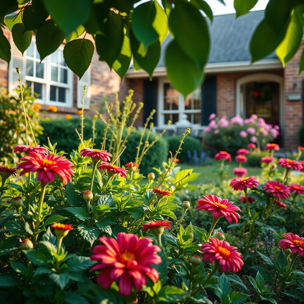 An image of a scenic well-maintained garden surrounding a residential property, with focus on vibrant flowers and greenery. The composition captures early morning light that creates a soft glow, enhancing the home's exterior. Textures of leaves and brick are vivid, reflecting care. Style references include landscaping and home upkeep photography. Technical specs: 4K resolution.