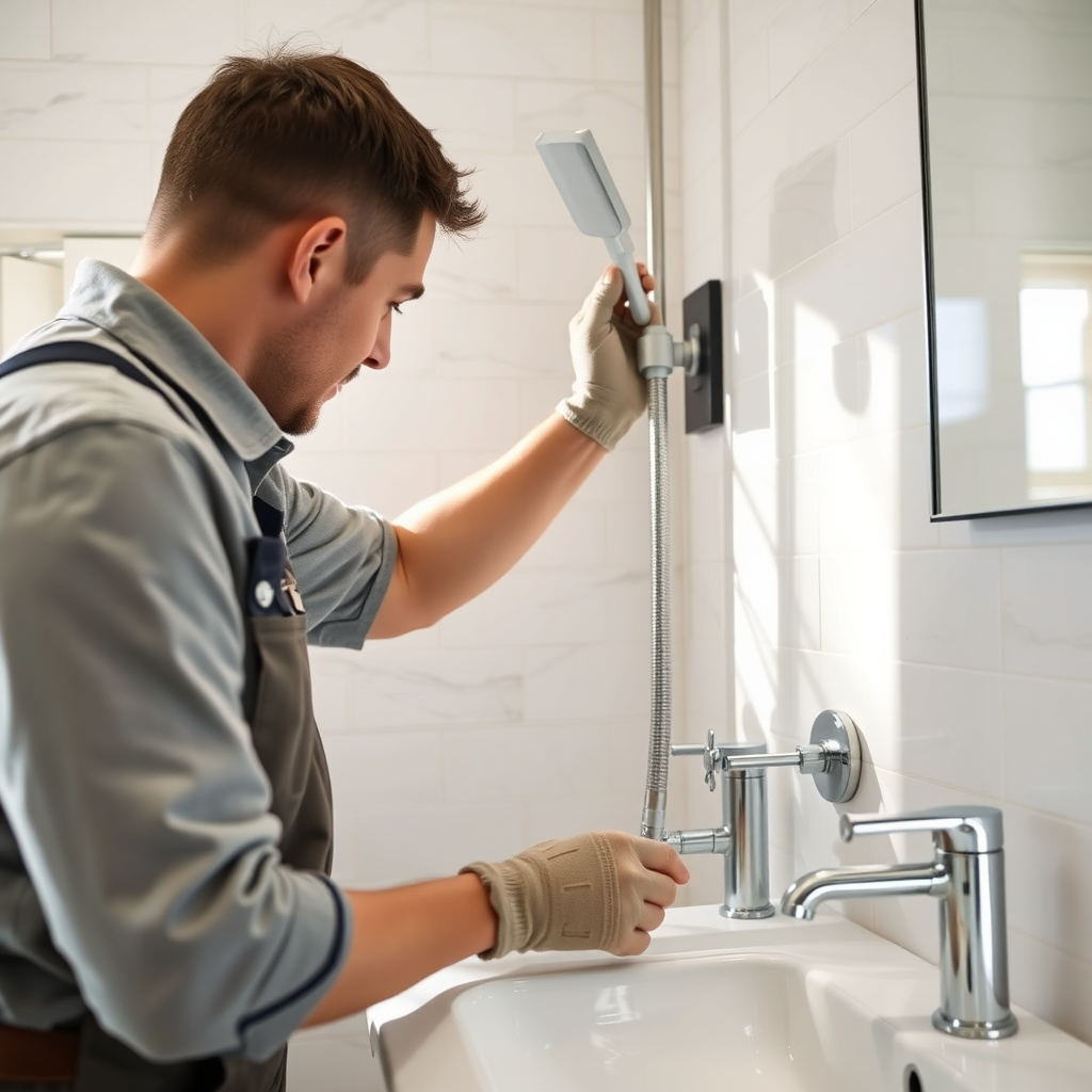 An image showing a maintenance worker fixing a plumbing issue in a bright, modern bathroom. The lighting is soft and natural, with textures highlighting polished tiles and fixtures. The composition emphasizes cleanliness and efficiency, creating an inviting view. Style references are home repair photography.