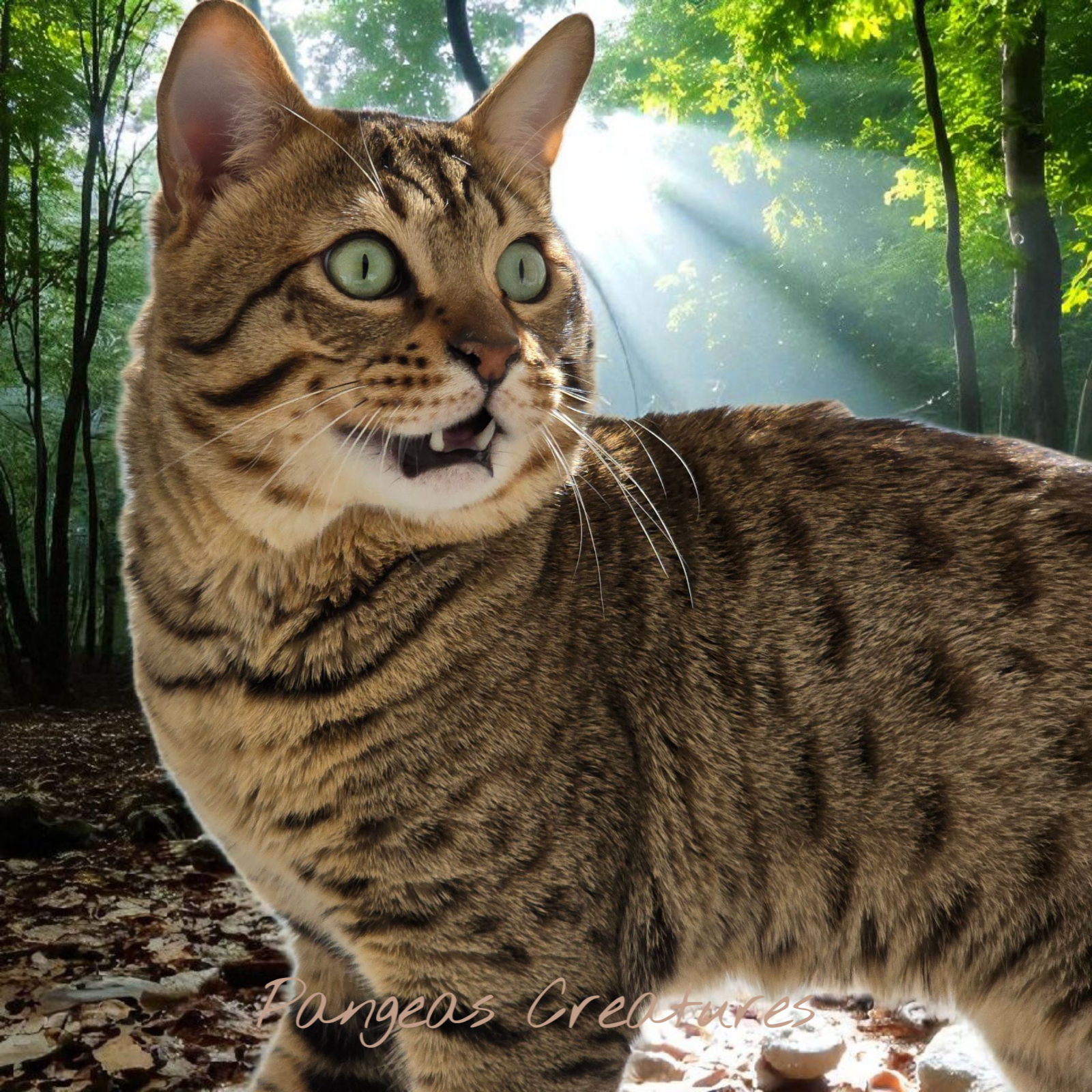 A Savannah male cat, with a muscular build and a spotted coat, leaping through the air with incredible agility, capturing a toy in its jaws.  The cat is surrounded by lush greenery and sunlight.