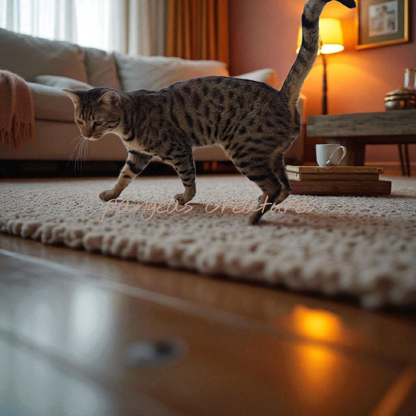 A Savannah male cat, with a muscular build and a spotted coat, leaping through the air with incredible agility, capturing a toy in its jaws.  The cat is surrounded by lush greenery and sunlight.