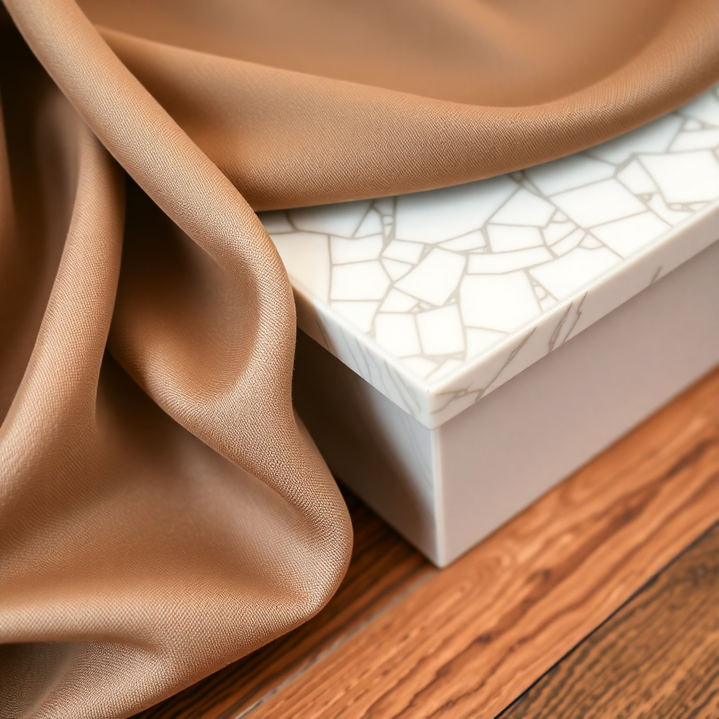 A close-up shot of high-quality materials, such as luxurious fabrics, sleek countertops, and rich hardwood flooring. The image should emphasize texture and detail, conveying a sense of refinement and quality. The style should be clean, simple, and luxurious.