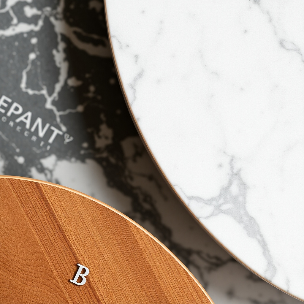 A close-up shot showcasing high-quality materials like marble, wood, and textiles, with emphasis on texture and detail.