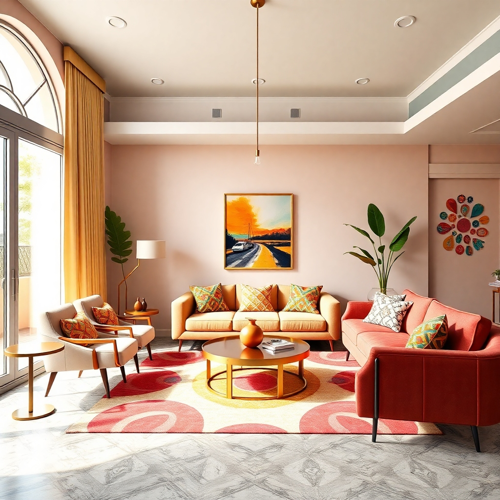 A photorealistic image of a contemporary living room with vibrant colors, geometric patterns, and modern furniture.
