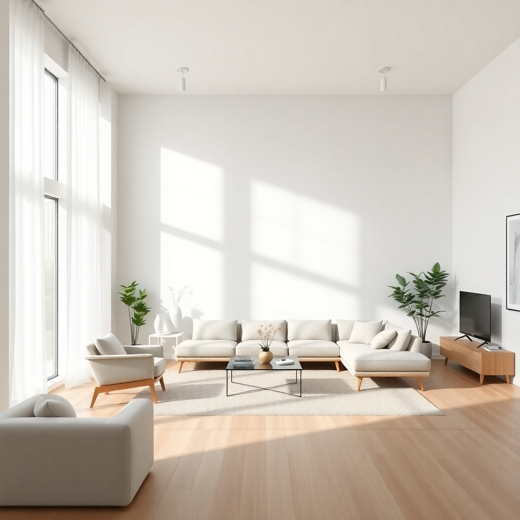 A photorealistic image of a modern minimalist living room with natural light, neutral tones, and clean lines.