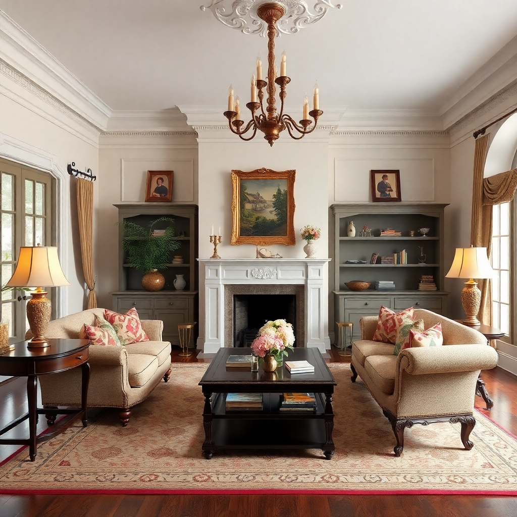 A photorealistic image of an elegantly designed traditional living room with period-appropriate furniture and decor.