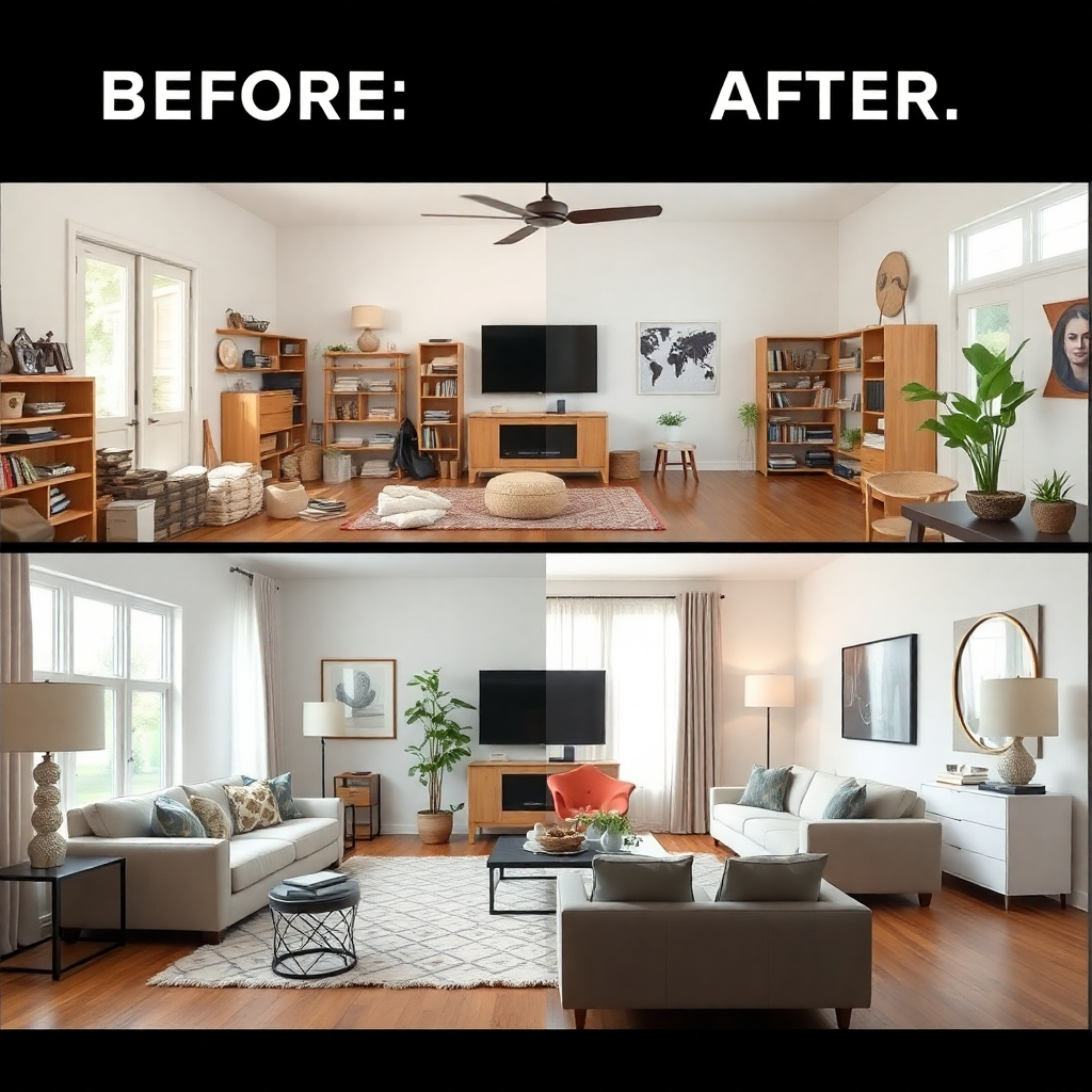 A photorealistic image showcasing a before-and-after transformation of a living room. The "before" side displays a dated and cluttered space, while the "after" side shows a modern, stylish, and organized room. The image must highlight the high quality of the redesign and the attention to detail. The style should be clean and modern, with a focus on transformation and improvement.