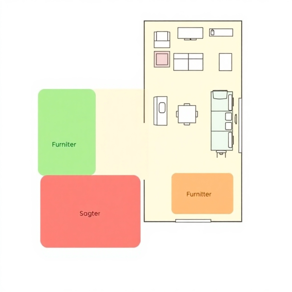 A stylized image depicting a floor plan with furniture placement, utilizing color-coded zones to represent different functionalities in a home or office space.
