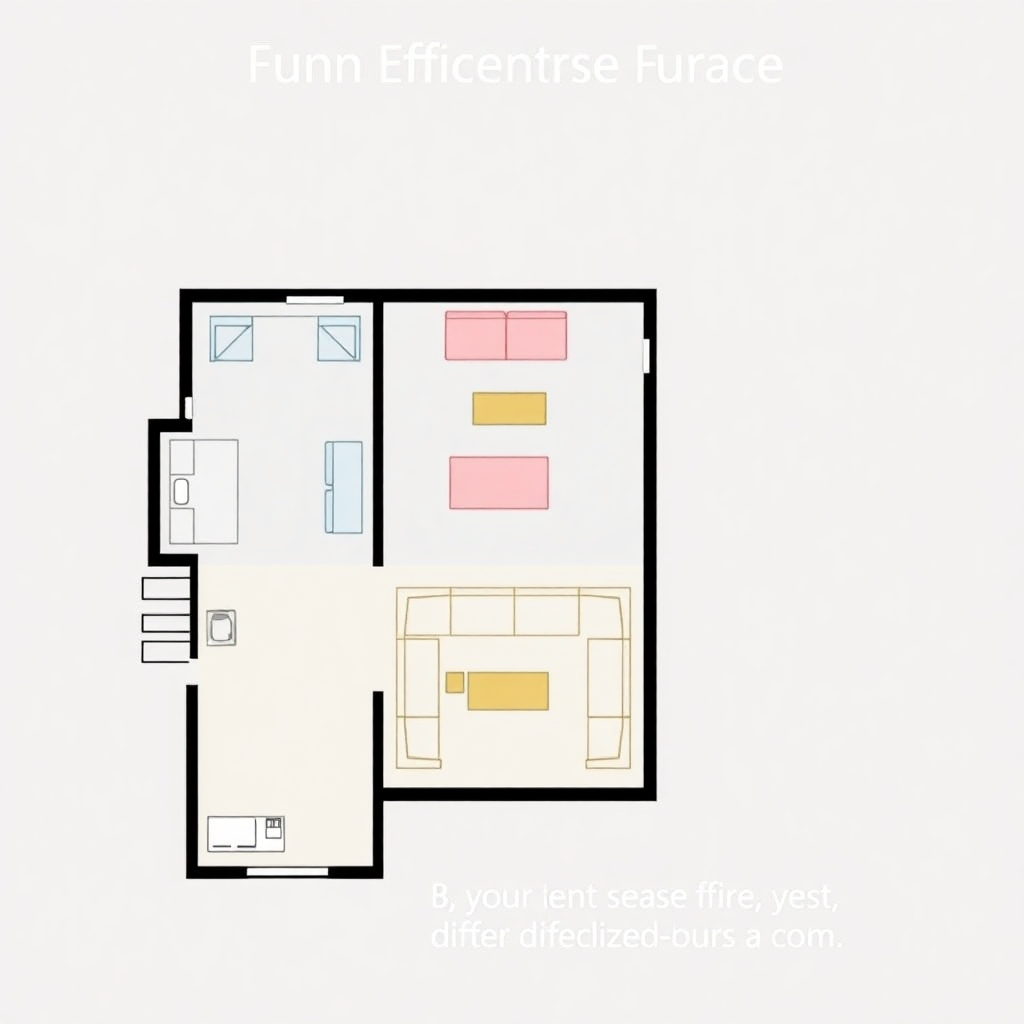 A stylized image depicting a floor plan with furniture placement, highlighting the efficient use of space. The style should be clean and easy to understand, using color-coding to differentiate areas.