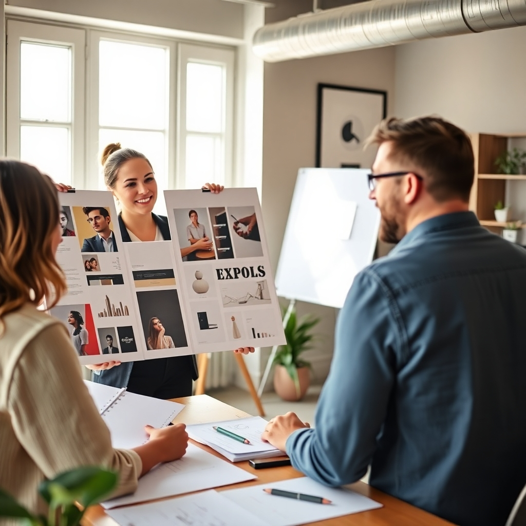 An image of a designer presenting mood boards and design concepts to a satisfied client. The scene should be set in a stylish office with natural light streaming in. The mood must be warm, positive, and collaborative, with a focus on client satisfaction and excellent communication.
