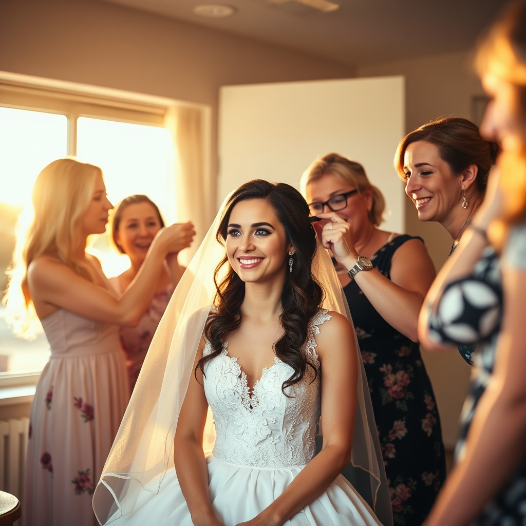 A bride getting her hair and makeup done on her wedding day, surrounded by supportive friends/family. Photorealistic, focusing on the emotions and details. Golden hour lighting.