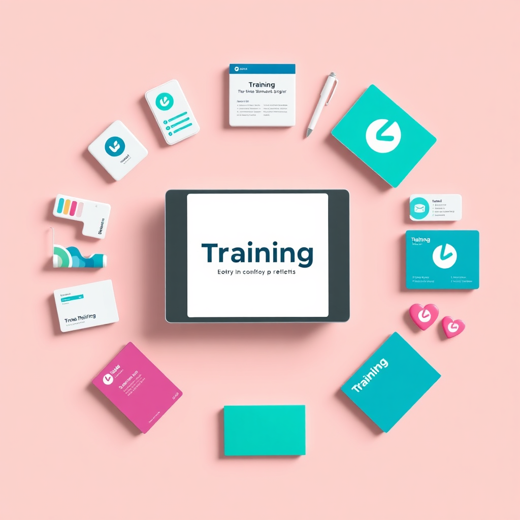  A clean and modern visual showcasing brand identity elements. In the center is a logo design for a training business, radiating outward are related items like a website mockup on a laptop screen, social media icons, business cards, and color swatches. All items maintain a cohesive visual brand. The lighting is bright and professional, with a focus on highlighting the clarity and simplicity of the design elements. Use a consistent color palette throughout the image to demonstrate the importance of brand consistency. The camera angle is slightly overhead, providing a clear view of all the elements. The background is a soft, neutral color to avoid distracting from the main subjects. Technical specs: 4K resolution, high quality.