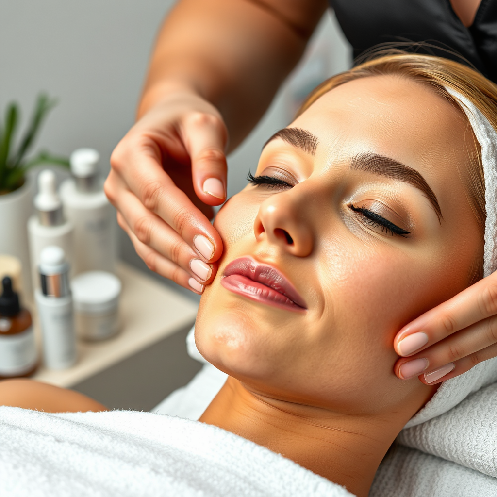A close-up, photorealistic image of a client receiving a facial treatment. The esthetician is gently massaging the client's face. The focus is on the client's relaxed expression and glowing skin. The background features skincare products and a peaceful spa environment. Lighting: soft and diffused. Style reference: skincare advertising.