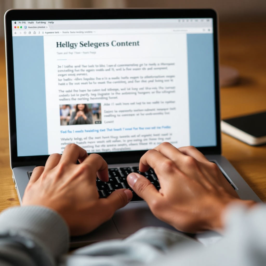 A close-up shot of a person typing on a laptop, focused on their hands and the screen displaying a blog post. The blog post should be well-written and informative, with clear headings and subheadings. The composition should emphasize the importance of high-quality content in engaging and informing website visitors. Use a warm and inviting color palette with soft lighting to create a comfortable and welcoming atmosphere. Style reference: Medium, personal blog sites.